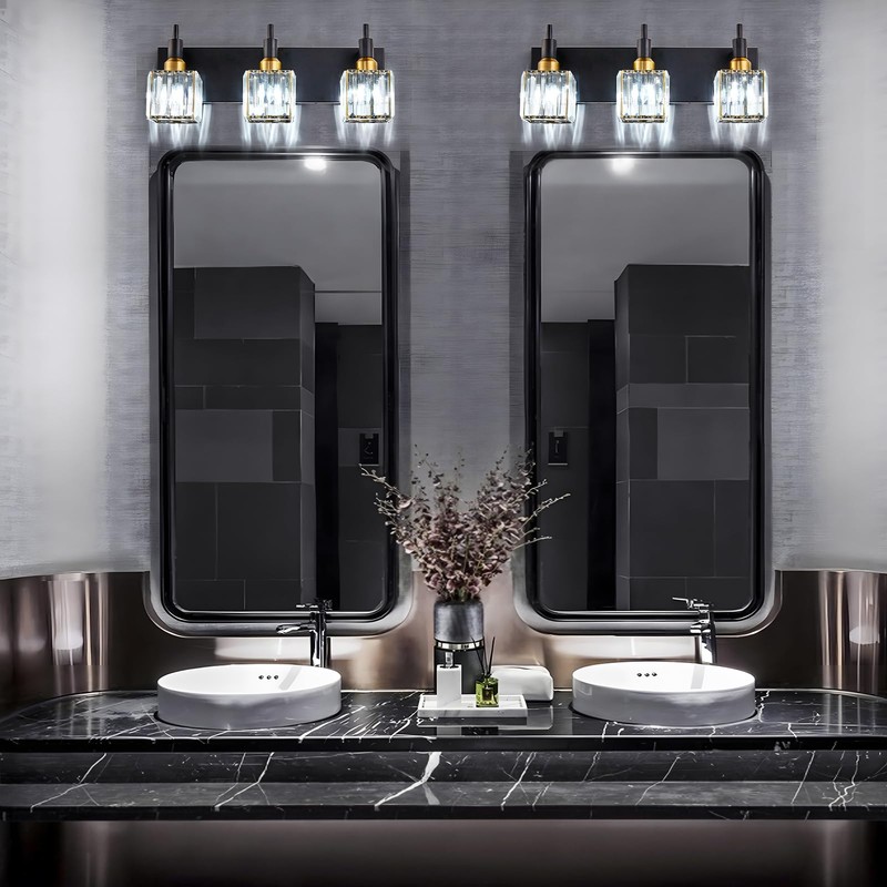 HUOKU Modern Crystal Bathroom Vanity Light 3-Light Brass Wall Light