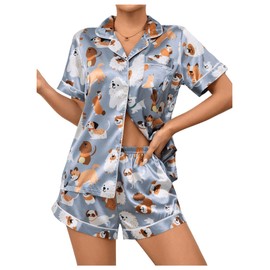 SOLY HUX Cute Satin Pajama Sets for Women, Preppy Summer Pajamas for Teen Girls, 2 Piece Silk Pjs Shorts Lounge Set, Blue Dog, Large