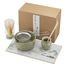 Aijohnny Matcha Whisk Set with Matcha Bowl, Bamboo Whisk (Chasen), Whisk Holder, Tea Scoop (Chashaku), Sifter, Tea Cloth - 6 PCS Matcha Tea Set for Ceremony, Matcha Tea Lover Gift (Auroral Green)