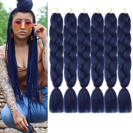 Jumbo Box Braiding Hair Extensions 24 Inch Dark Blue High Temperature Synthetic Fiber 6 pcs Colored Braiding Hair Twist Crochet Braids for Black Women(24",A28)