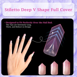 outopen 150pcs Long V Tapered Nail Tips Clear Pink Full Cover Nail Extension Art Tips Long V Shape Nail Tips for Polygel Acrylic Extension Beginners DIY Manicure, 15 Sizes