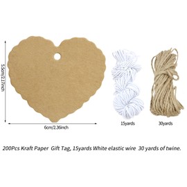 PQZKLDP 200pcs Kraft Heart Gift Tags Price Tags Paper Blank Labeling Tags Marking Tags with Jute String & Elastic Cord for Product Jewerly, Arts, Crafts, Party, Wedding #PQ121 (6cmx5.5cm)