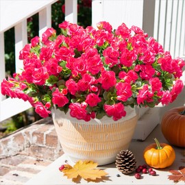 HyeFlora Artificial Faux Outdoor Flowers Plants for Spring Summer Decoration, Fake Silk Hotpink Camellia UV Resistant Look Real for Planter Outside Front Door Porch Patio Balcony, 3 Large Bundles