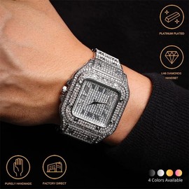Halukakah Diamond Gold Watch, Men's 18K Genuine Gold-Plated / Platinum White Gold-Plated 40 mm Wide Square Choose Quartz Bracelet 24 cm with Cuban Link Chain 20 + 45 cm Necklace Bracelet with Gift Box, Platinum Plated Watch, Bracelet