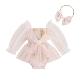 FYBITBO Newborn Baby Girl Romper Dress Floral Bowknot Long Puff Sleeve Layered Tulle Tutu Bodysuit Jumpsuit with Headband Set (Embroidered Pink Bowknot Front, 18-24 Months)