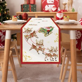 Bonhause Christmas Reindeer Table Runner 13x90 Inch Santa Claus Sleigh Red Gold Seasonal Winter Holiday Kitchen Dining Table Decoration for Indoor Outdoor Home Party Decor