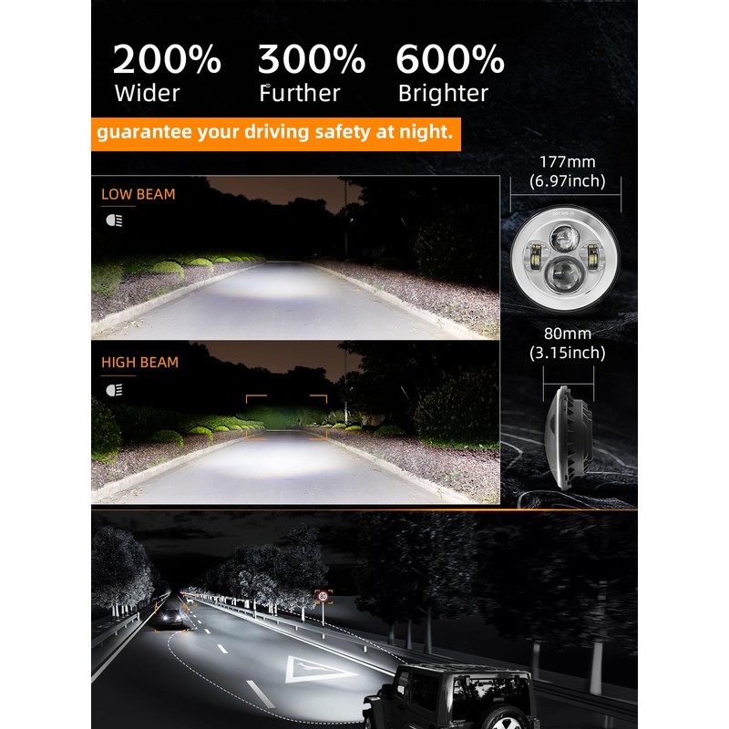 UNI-SHINE 2pcs Projector 7 Inch LED Headlight Hi/Lo Beam Chrome