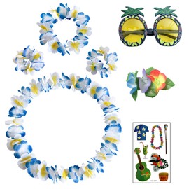 7 Pieces Hawaiian Necklaces, Flower Necklace, Headband, Bracelet, Hair Clips, Tattoo Stickers, Pineapple Glasses, Hawaiian Flower Chains, for Carnival Party, Beach Parties, Cheerleading (Classic Blue