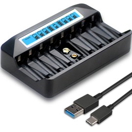 Shitanchao 9 Independent Ports USB AA/AAA/9V Fast Charger 8PCS NiMh/NiCd AA/AA & 1PC NiMh/NiCd/Li-ion Square 9V Battery with LCD Display(1 Black Charger Only)