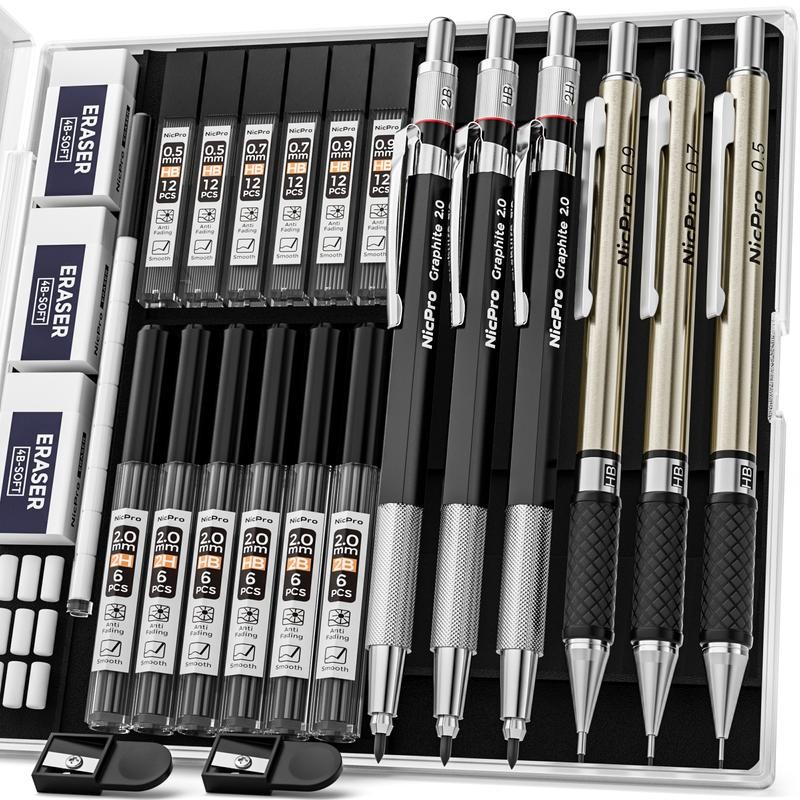 Nicpro 6Pack Art Mechanical Pencil Set, 3Pack Metal Drafting Pencil