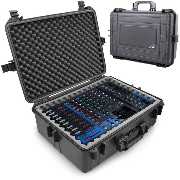 CASEMATIX Waterproof Mixer Carry Case Compatible with Yamaha MG12XU 12 Channel Mixing Console and More - Hard Shell Sound Board Case with Foam Fits Mixers up to 17" x 12.1" x 5" and Cables, Case Only