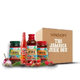 Jamaican Jerk Seasoning Box Set – Hot & Mild Seasonings, BBQ Sauce, Hot Sauce | 4-Piece Gift Pack by VINSOFI