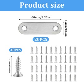20 Pcs Metal Mending Plates for Wood, Small Flat Brackets for Wood, Stainless Steel Flat Straight Repair Joining Fixing Mending Brace Brackets for Furniture Support Bracket, with Screws(60x15 mm)
