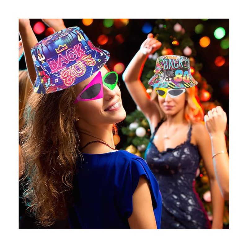 12 Pack Retro 80's 90's Party Bucket Hats with Neon
