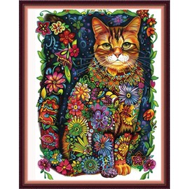 Funxvoot Stamped Cross Stitch Kits for Beginners or Adults Embroidery Starter Patterns | DIY Printed Cross Stitch Kits Needlepoint for Adults or Kids 11CT-Colorful Flower Cat 16x20 inch