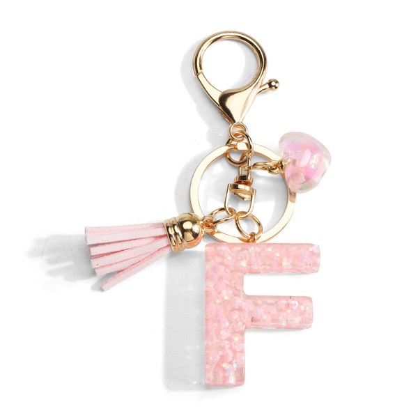 Key Chain with Letter, Initials Keyring with Heart Pendant, Pink