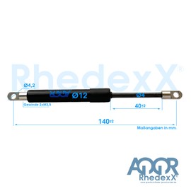 RhedexX® Gas Spring Joint Eye 140 mm/40 mm/80N - Length 140 mm, Stroke 40 mm - Gas Spring with M3.5 Eye Mount (80 N)