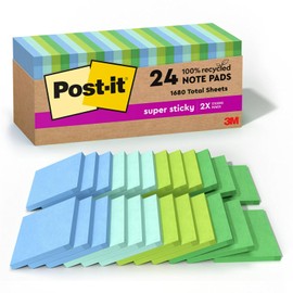 Post-it - Notas adhesivas de papel 100% reciclado, 3 pulgadas x 3 pulgadas, 24 almohadillas para orejas, 70 hojas por almohadilla, colección Oasis, suministros escolares y productos de oficina