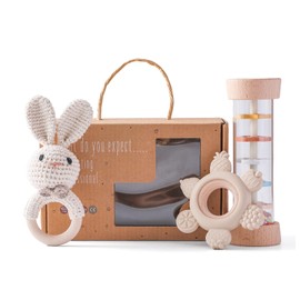 Baby Rattle Teething Ring Set - 3-Piece Set Baby Rattle with Crochet Animals and Rainmaker, Grasping Toy for Baby Toys 0 3 6 9 Months, Baby Gifts for Birth for Girls/Boys (Rainmaker)