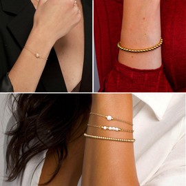 Foxgirl Gold Pearl Beaded Bracelets for Women 14K Gold Plated Bracelets Dainty Gold CZ Bracelets Stackable Bracelets for Women Gold Beaded Bracelets for Women Trendy Jewelry for Women Gifts for Her