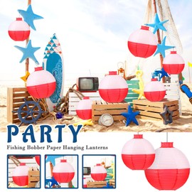Set of 24 Fishing Party Decorations Bobber Paper Lanterns Round Paper Hanging Lanterns White and Red Paper Lantern for Fishing Theme Birthday Party Supplies Favors, 12 Inches, 8 Inches