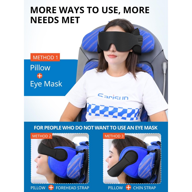 Travel Pillows for Airplanes with Sleep Eye Mask, Chin Strap,