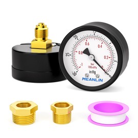 MEANLIN MEASURE -30inHg-0Psi/-1~0Bar Vacuum Pressure Gauge, 1/4" BSP 2" FACE, Back Mount, with 1/4" x 1/2" BSP and 1/4" x 3/8" BSP Hex Bushing