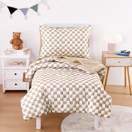 Wake In Cloud - Toddler Bedding Set for Boys Girls, Cute Gingham Grid Checkered, 4 Pieces Soft Crib Bed Set Including Comforter, Sheets and Pillowcase, Brown White