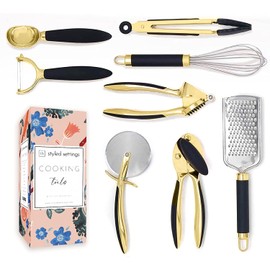 Black and Gold Tool Set- Luxe 8PC Kitchen Gadget Set with Anti-Slip Handles, Gold Utensils Set - Black and Gold Kitchen Accessories Includes Gold Can Opener, Gold Pizza Cutter, Gold Whisk…