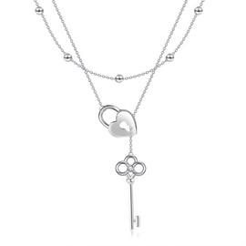 MONGAS Lock and Key Lariat Layered Necklaces Sterling Silver Lock and Key Pendant Y Necklace Jewelry for Women