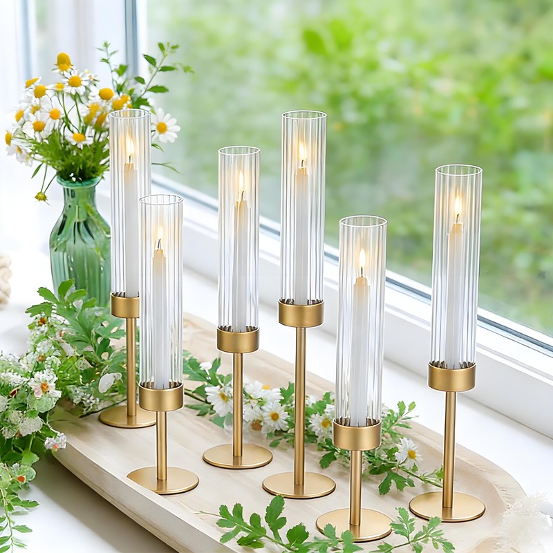 Glass Hurricane Candle Holders Set of 6,Brass Candlestick Holders,Taper Candlestick