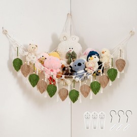 Pretty Jolly Macrame Leaf Wall Hanging Storage Hammock, 59" Boho Corner Organizer with Tassels, Stuffed Animal Plush Holder for Kids Room Nursery Decor (Avocado Green & Milk Coffee)