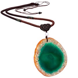 KYEYGWO Geode Agate Slice Pendant for Women Men, Polished Irregular Crystal Agate Stone Gemstone Necklace Adjustable, Green