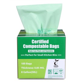 Primode Compostable Bags, 8 Gallon (30L) Food Scraps Yard Waste Bags, 100 Count, Extra Thick 0.85 Mil. ASTM D6400 Compost Bags Small Kitchen Trash Bags, Certified by BPI & TÜV AUSTRIA