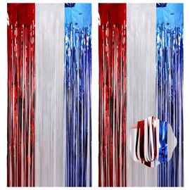 4th of July Foil Fringe Curtains, Red White Blue Streamers for Independence Day 250 Anniversary Patriotic Party Background Decorations - 2 Pack (3.3 ft x 6.6 ft)