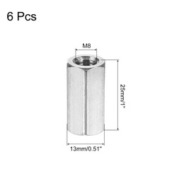 sourcing map M8x1.25mm Coupling Nuts, 6 Pcs 304 Stainless Steel Galvanized Hex Rod Coupling Nuts Threaded Rod Connectors 25mm, for Industrial Construction Fasteners, Silver