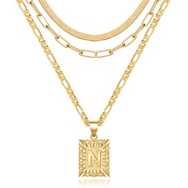 KissYan Gold Layered Necklace Set for Womens, 14K Gold Plated Initial Letter Pendant Necklace Paperclip Snake Choker Silver Alphabets from A-Z Figaro Chain Necklace Jewelry Gift(29N)