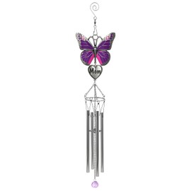 Butterfly Wind Chime for Mother - Purple Butterfly Windchime with Engraved Mom Heart - Spring Patio Decor - 20" Long