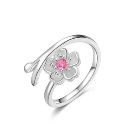 CZ Flower Open Ring for Women Girls Silver Plated Pink Purple Crystal Cute Sweet Flower Promise Statement Adjustable Cherry Blossom Leaf Finger Ring Birthday Wedding Chic Jewelry Anniversary (Pink CZ)