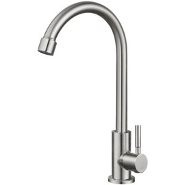 Heyalan Brushed Nickel Kitchen Faucet Cold Water Only 1 Hole Single Handle 360 Degree Swivel Spout Deck Mount High Arc SUS304 Sink Bar Tap Goose Neck with Hose and Longer Thread Pipe