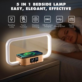 Bedside Lamp with Wireless Charger, LED Table Lamp, Touch Control Night Light with RGB Colors, Stepless Dimming, Nightstand Desk Lamp with Charging Station & USB Charging Port for Bedroom (Wooden)