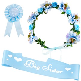3 Piezas Set de Accesorios de Big Sister, Incluye Faja de Satén de Big Sister, Broche de Insignia y Corona de Flores para Fiesta Baby Shower (Azul)
