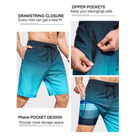 SILKWORLD Mens Swimming Trunks with Compression Liner 2 in 1 Quick-Dry Swim Shorts with Zipper Pockets, Gradient-Grey Blue, X-Large