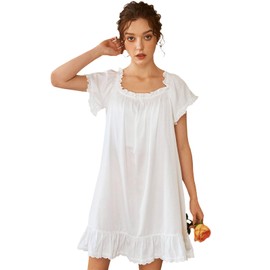 Nanxson Womens' Cotton Nightgown Short Sleeve Sleepwear Vintage Victorian Nightshirt Lounge Dress (Large, White)