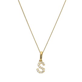 jewellerybox 9ct Gold & Clear CZ Crystal Hanging Script Alphabet Letter S Necklace 16 Inches