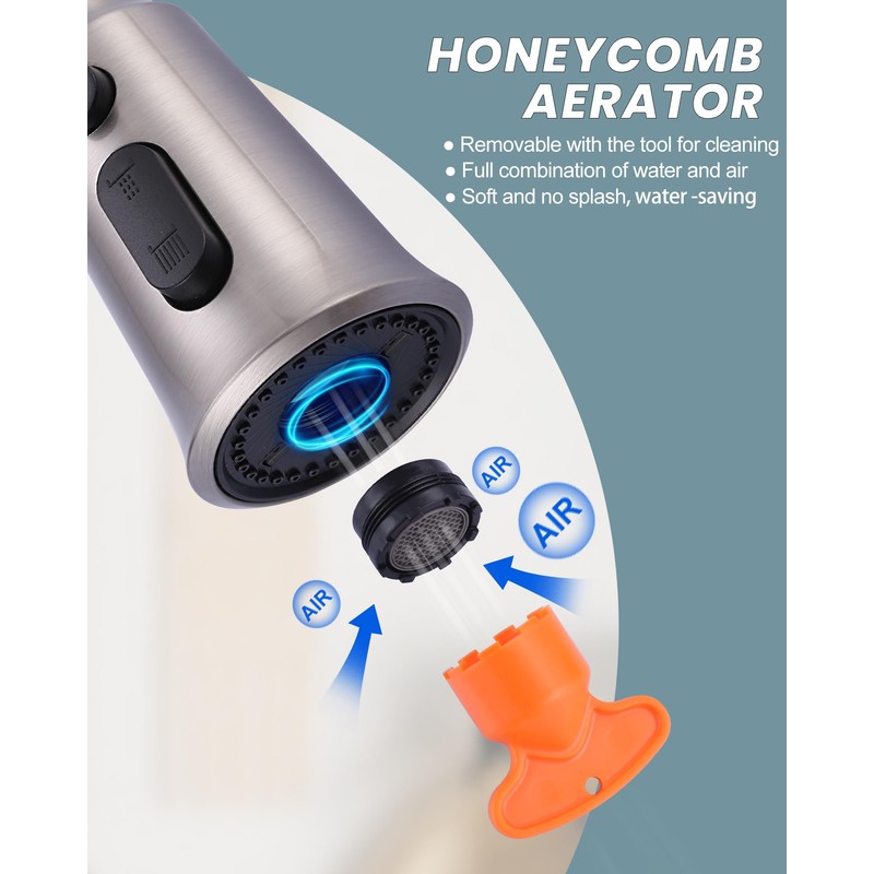 WOWOW Kitchen Faucet Head Replacement, 3 Function Pull Down Faucet