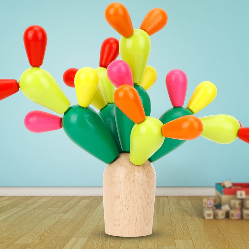 Wooden Children Puzzle Balancing Cactus Toy Assembled Building Blocks