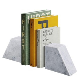 Flexzion Marble Book Ends for Heavy Books - White Book Ends Decorative Stone with Gold Accent - Triangular Marble Bookends Stopper with Non-Skid Bottom for Desk, Shelves, and Office (Set of 2)