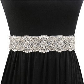 FANGZHIDI Bridal Belt Rhinestone Trim by The Yard for Wedding Sash and Dresses-Pearls and Rhinestones-Sliver-1 Piece(36'' x 2'')