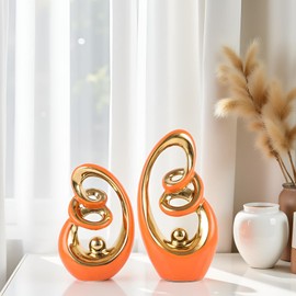 GAOSHENG Orange Ceramic Abstract Sculpture Statue,Mid Century Modern Gold Accent Decor,Porcelain Statues Art Deco Gold Show Piece for Home - Contemporary Tv Stand End Table Centerpieces (Orange Gold)